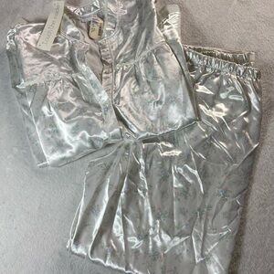 Miss Elaine Vintage 2 Piece Pajama Set Soft Brushed Cotton White Floral  NWTS